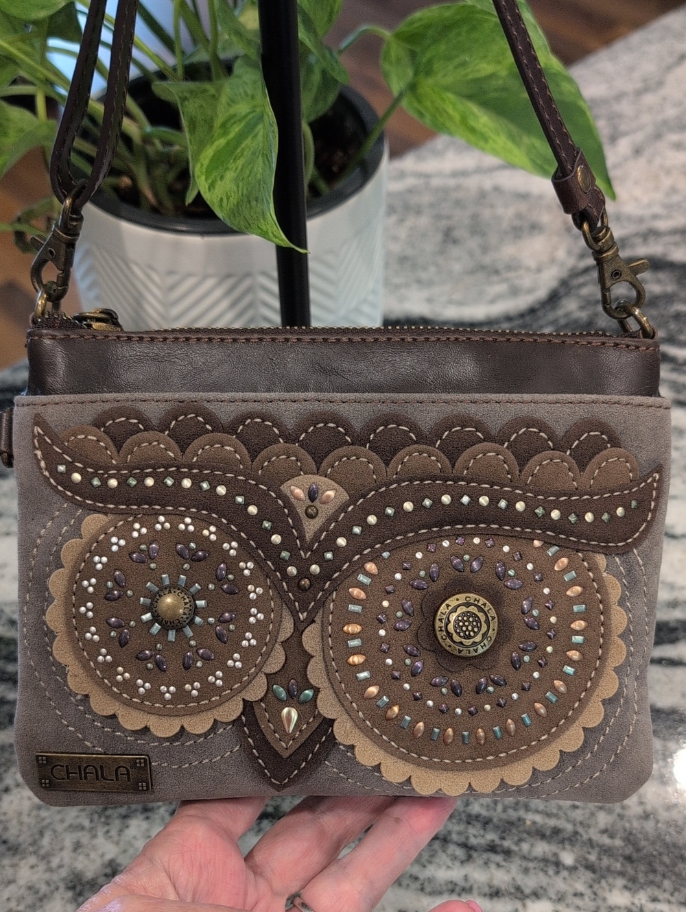 Chala Brown and Tan Owl Crossbody Bag with Studded Embellishment